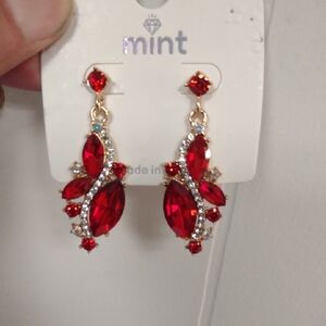 Mint Vibrant Red, Rhinestone and Gold Stud Earrings